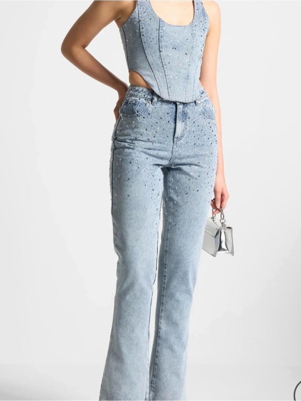 Maniere De Voir Rhinestone Denim Corset Top & Flare Jean Set Size 8 Y2K Crystals - Picture 2 of 3